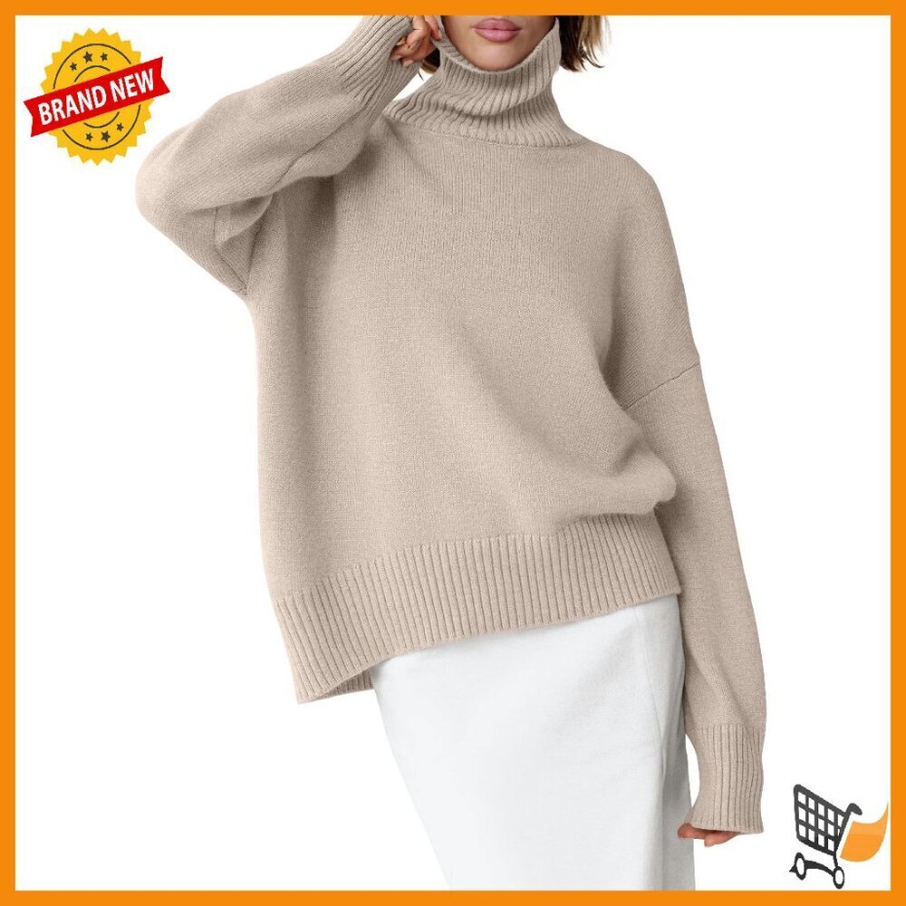 Oversized Turtleneck Sweater Chunky Knit High-Low Hem Pullover Top